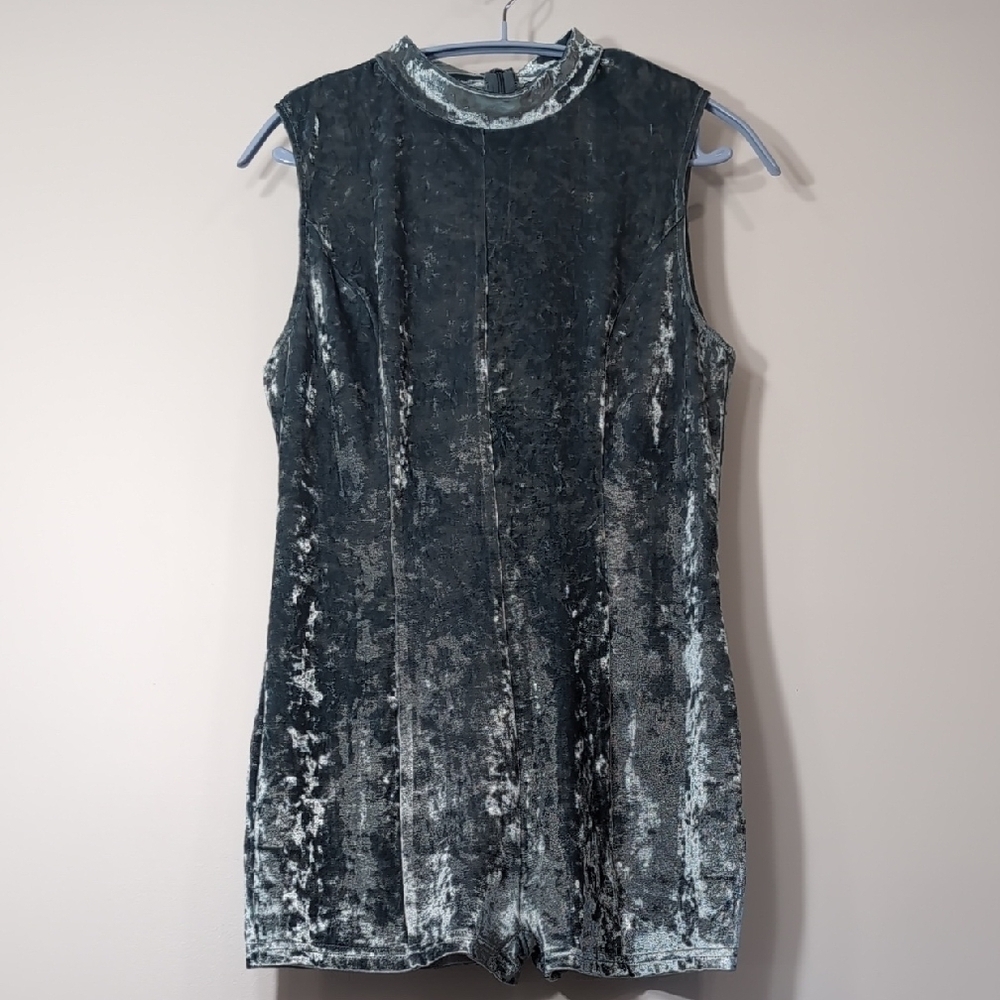 Rehab | Stretchy Velvet Booty Short Party Jumpsuit in Silvery Light Blue Size L